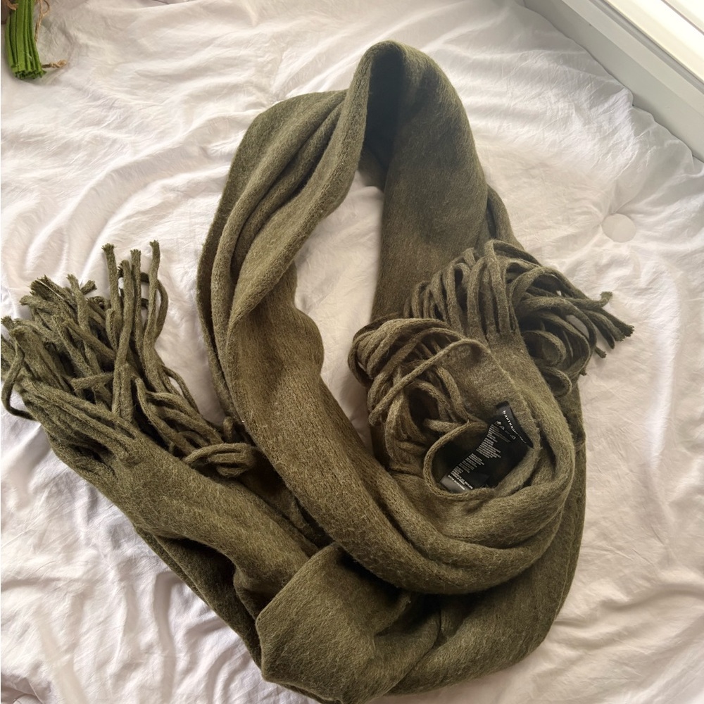 Anthropologie Olive Green Fringe Scarf Soft Knit Oversized Wrap